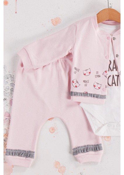 3-6-9 Ay Kız Bebek Takım Kedi Desenli 3'Lü Hırkalı Açık Pembe modelleri