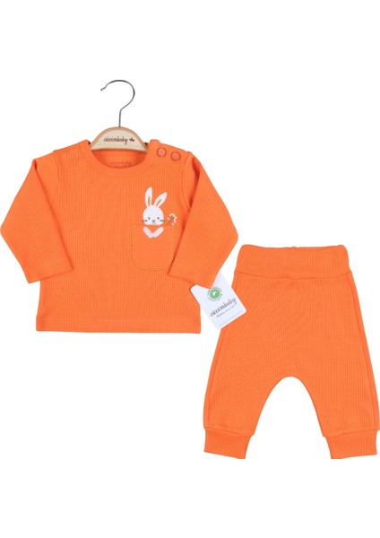 3-6-9-12 Ay Kız Bebek Takımı Cepli Tavlan Nakışlı %100 Pamuk 2'Li Turuncu