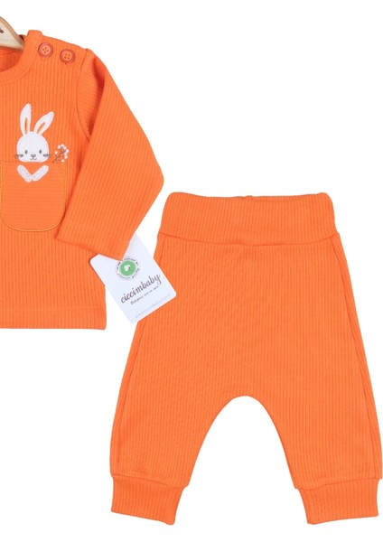 3-6-9-12 Ay Kız Bebek Takımı Cepli Tavlan Nakışlı %100 Pamuk 2'Li Turuncu fiyatları