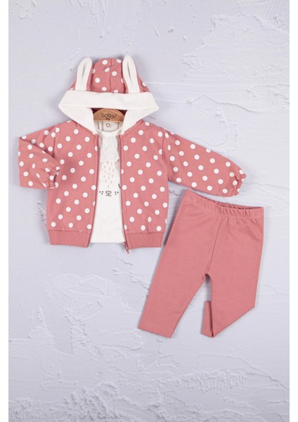 3-6-9-12-18 Ay Kız Bebek Takım Tavşan Kulaklı Puanlı 3'Lü Pembe