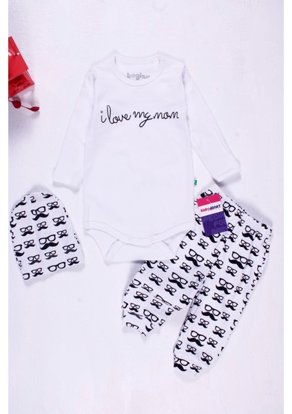 3-6-9-12-18 Ay Erkek Bebek Takımı Bıyık Gözlük Desenli 3'Lü Beyaz