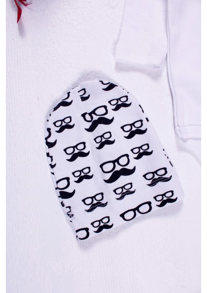 3-6-9-12-18 Ay Erkek Bebek Takımı Bıyık Gözlük Desenli 3'Lü Beyaz modelleri