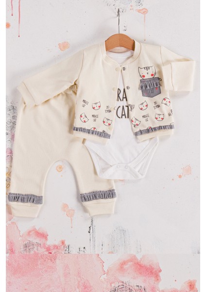 3-6-9 Ay Kız Bebek Takım Kedi Desenli 3'Lü Hırkalı Krem