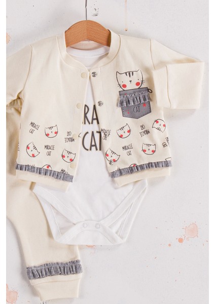 3-6-9 Ay Kız Bebek Takım Kedi Desenli 3'Lü Hırkalı Krem fiyatları