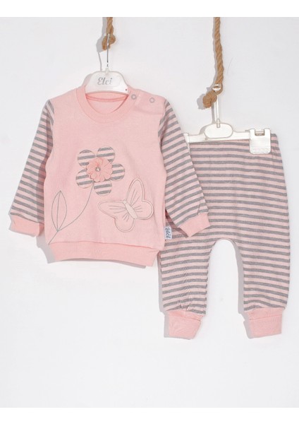 3-6-9 Ay Kız Bebek Takımı Kelebekli Çiçek Nakışlı Pamuklu 2'Li Somon