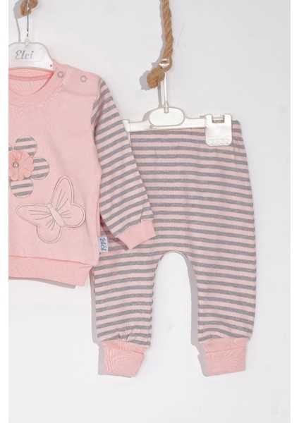 3-6-9 Ay Kız Bebek Takımı Kelebekli Çiçek Nakışlı Pamuklu 2'Li Somon modelleri