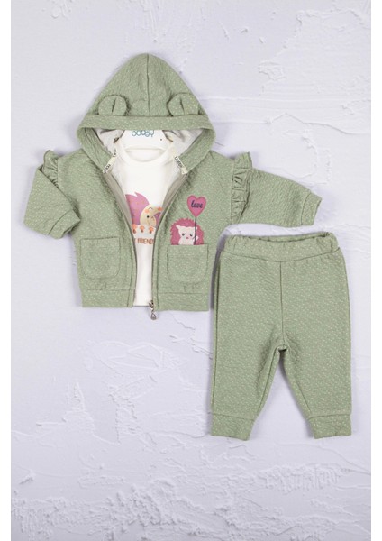 3-6-9-12-18 Ay Kız Bebek Takım Kirpi Nakışlı %100 Pamuk 3'Lü Yeşil
