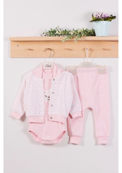 3-6-9 Ay Kız Bebek Takım Puan Desenli Kapişonlu %100 Pamuk 3'Lü Pembe