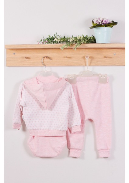 3-6-9 Ay Kız Bebek Takım Puan Desenli Kapişonlu %100 Pamuk 3'Lü Pembe fiyatları