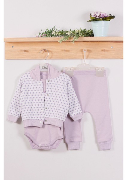 3-6-9 Ay Kız Bebek Takım Puan Desenli Kapişonlu %100 Pamuk 3'Lü Lila