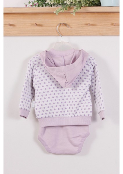 3-6-9 Ay Kız Bebek Takım Puan Desenli Kapişonlu %100 Pamuk 3'Lü Lila fiyatları