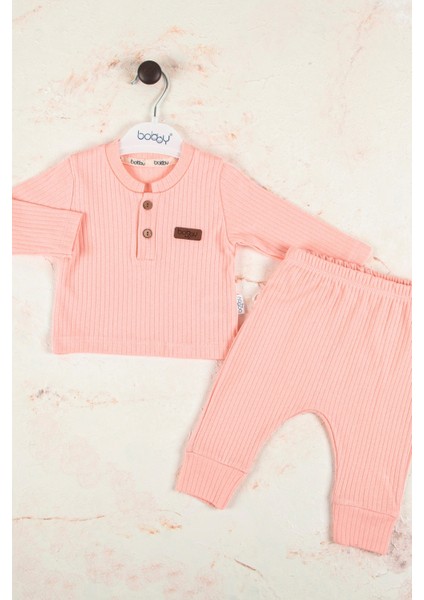 3-6-9-12-18 Ay Çizgili Kumaş %100 Pamuk 2'Li Unisex Takım Pembe