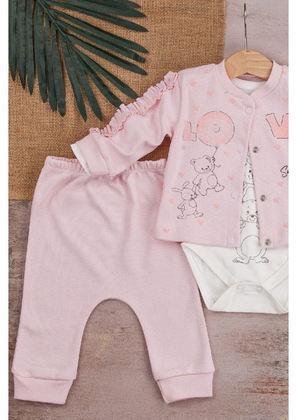 3-6-9 Ay Kız Bebek Takım Love Tavşan Desenli Kol Detaylı 3'Lü Hırkalı Açık Pembe modelleri