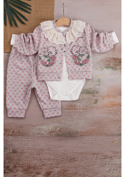 3-6-9 Ay Kız Bebek Takım Brode Işlemeli Kalp Desenli 3'Lü Hırkalı Lila