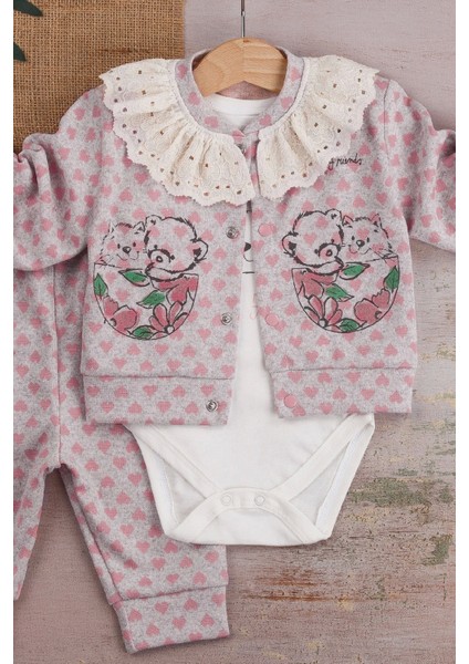 3-6-9 Ay Kız Bebek Takım Brode Işlemeli Kalp Desenli 3'Lü Hırkalı Lila fiyatları