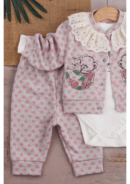 3-6-9 Ay Kız Bebek Takım Brode Işlemeli Kalp Desenli 3'Lü Hırkalı Lila modelleri