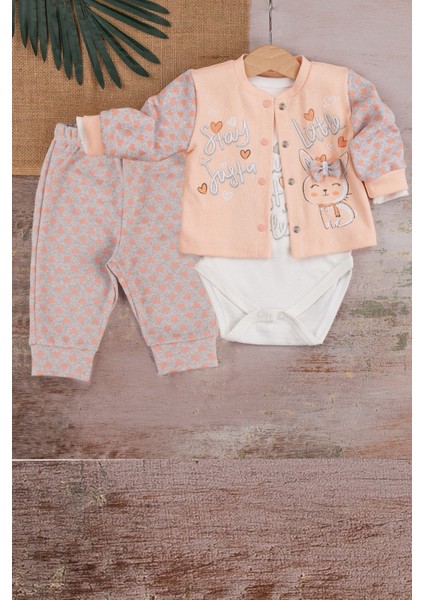 3-6-9 Ay Kız Bebek Takım Stay Little Puan Desenli 3'Lü Hırkalı Somon