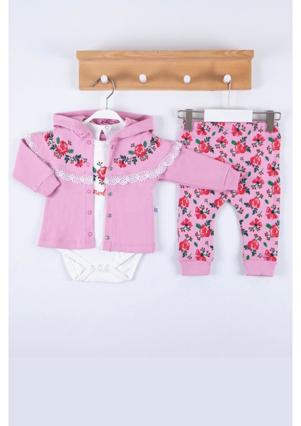 3-6-9-12 Ay Flover Nakışlı Hırkalı %100 Pamuk 3'Lü Kız Bebek Takım Pembe