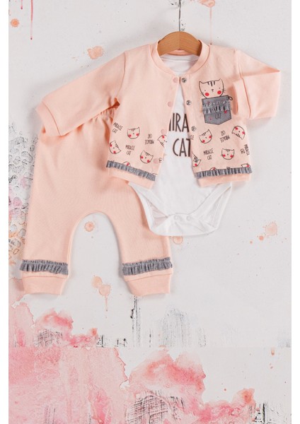 3-6-9 Ay Kız Bebek Takım Kedi Desenli 3'Lü Hırkalı Somon