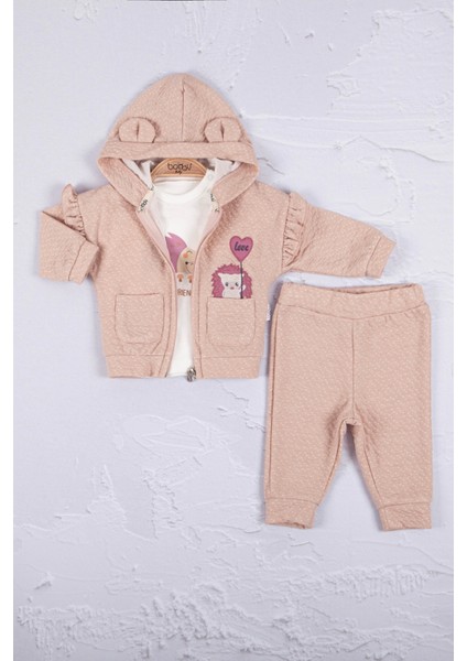 3-6-9-12-18 Ay Kız Bebek Takım Kirpi Nakışlı %100 Pamuk 3'Lü Somon fiyatları