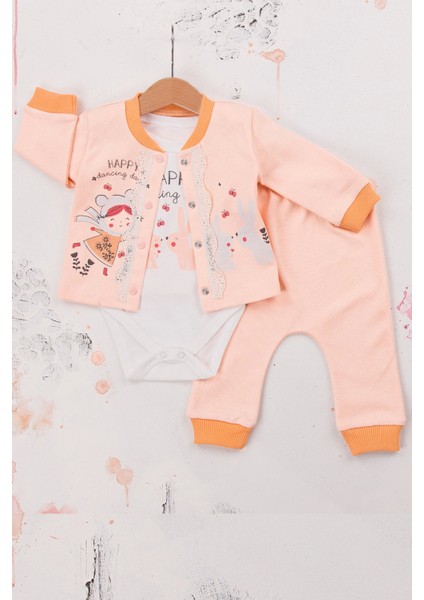 3-6-9 Ay Kız Bebek Takım Happy Dancing Desenli 3'Lü Hırkalı Somon