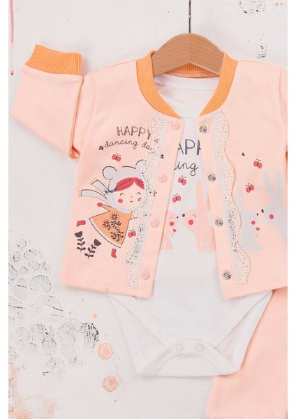3-6-9 Ay Kız Bebek Takım Happy Dancing Desenli 3'Lü Hırkalı Somon