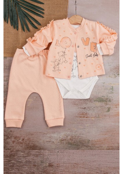 3-6-9 Ay Kız Bebek Takım Love Tavşan Desenli Kol Detaylı 3'Lü Hırkalı Somon