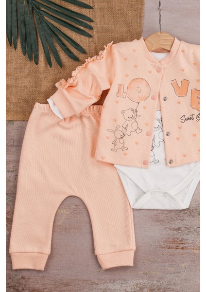 3-6-9 Ay Kız Bebek Takım Love Tavşan Desenli Kol Detaylı 3'Lü Hırkalı Somon fiyatları
