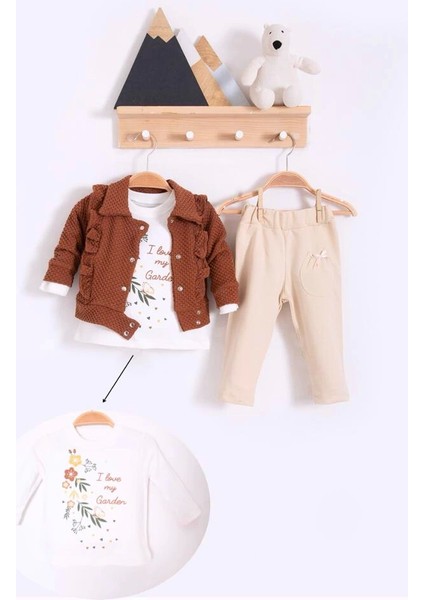 3-6-9-12-18 Ay Kız Bebek Takım Fırfır Detaylı 3 Lü Kahverengi