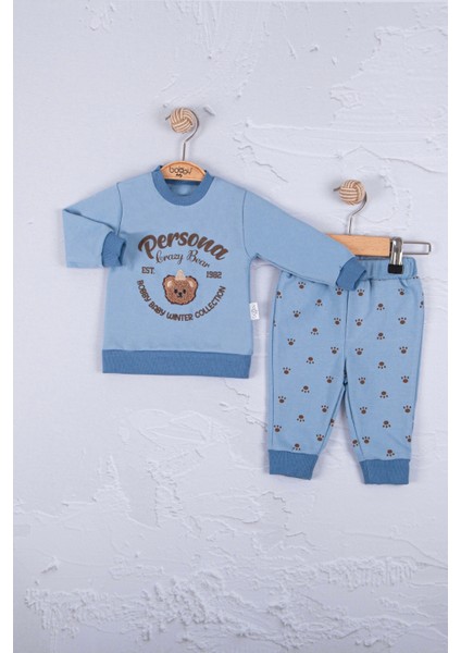 3-6-9-12-18 Ay Erkek Bebek Takım Persona Bear Nakışlı % 100 Pamuk 2'Li Mavi