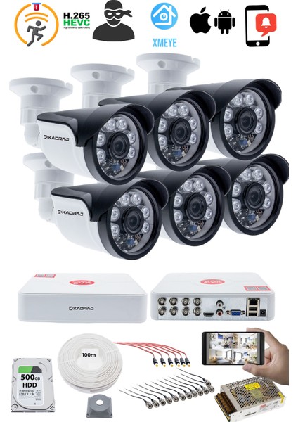 6'lı Kamera Seti 5mp Sony Seculensli 1080P, 6 Atom Led, Full Hd Ahd Güvenlik Kamerası Seti , Gece Görüşlü, IP66 , V1
