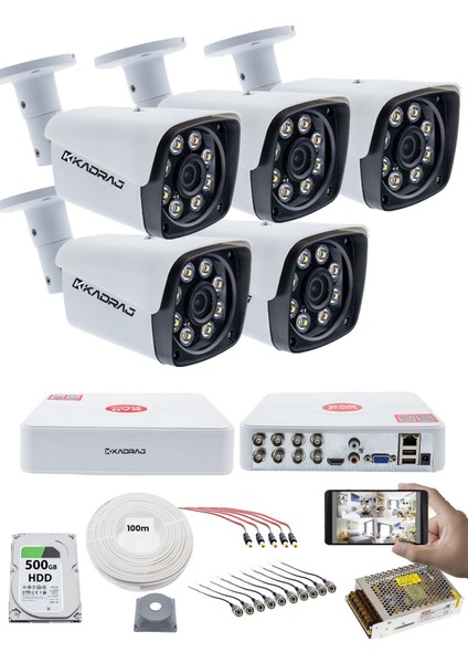 5 Kameralı Set - 5mp Sony Seculensli 1080P Full Hd Ahd, 8 Ultra Warm Led, Gece Renkli, Colorvu Teknolojisi, Metal V1