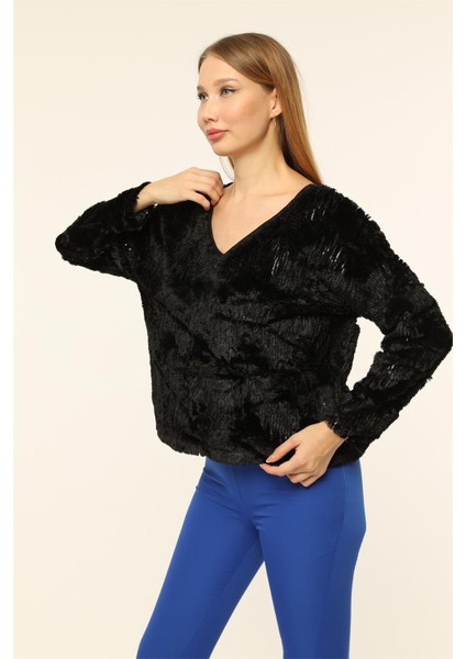 Peluş Payetli V Yaka Bluz modelleri