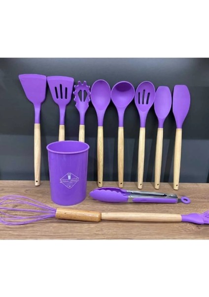 12 Parça Ahşap Sap Silikon Mutfak Pasta Silikon Kepçe Çırpıcı Fırça Kevgir Kaşıklık Maşa Spatula Set