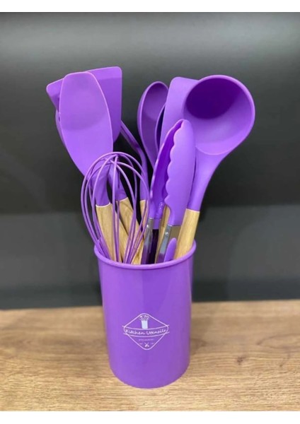 12 Parça Ahşap Sap Silikon Mutfak Pasta Silikon Kepçe Çırpıcı Fırça Kevgir Kaşıklık Maşa Spatula Set