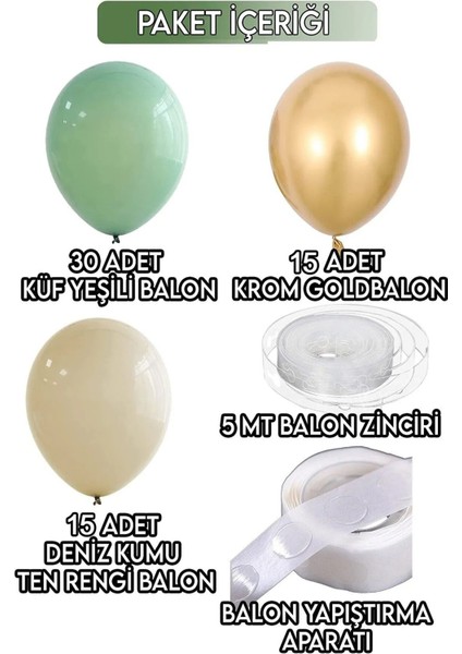 1 Adet Karışık Renk Balon Zincir Seti (30 Adet Küf Yeşili, 15 Adet Krom Gold Ve 15 Adet Deniz Kumu)