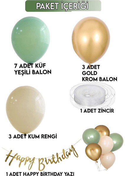 7 Küf Yeşili 3 Krom Gold 3 Kum Rengi Pastel Balon Gold Happy Birthday Banner Mini Zincir Balon Seti