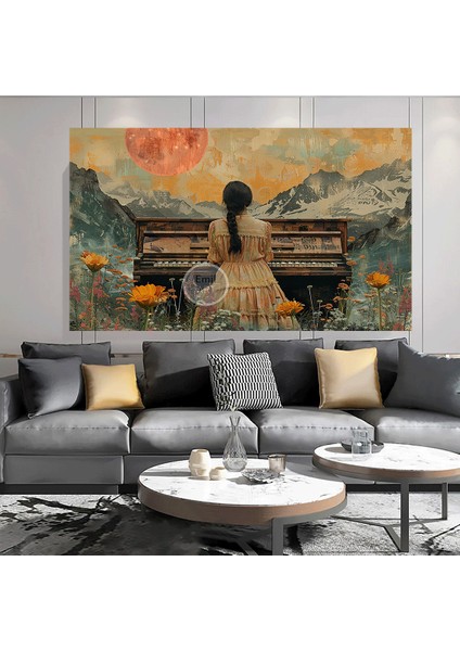 Modern Kolaj Tarz Doğa Manzaralı Piyano Çalan Kadın Hd Kalite Kanvas Tablo