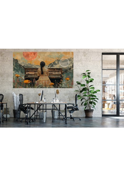 Modern Kolaj Tarz Doğa Manzaralı Piyano Çalan Kadın Hd Kalite Kanvas Tablo fiyatları