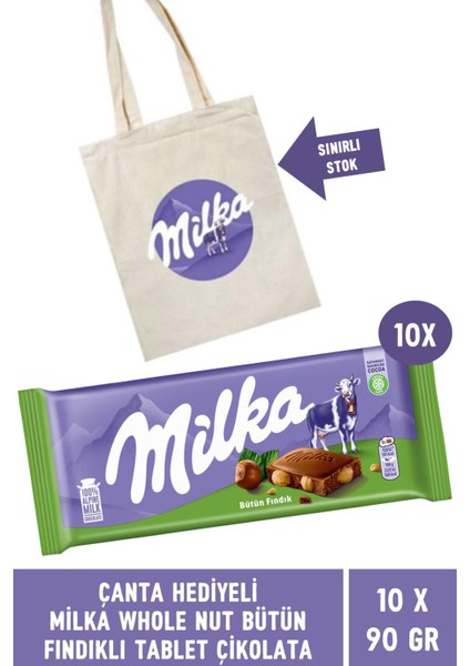 Çanta Hediyeli Milka Whole Nut Fındık Tablet Çikolata 90 gr - 10 Adet