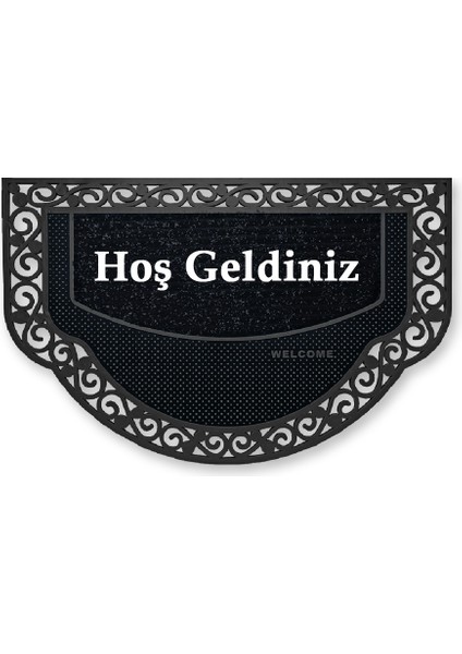 M&H Quality Yarım Ay Modeli Hoş Geldiniz Yazlı Kapı Önü Paspası Siyah Rengi Nem Alıcı Yıkanabilir