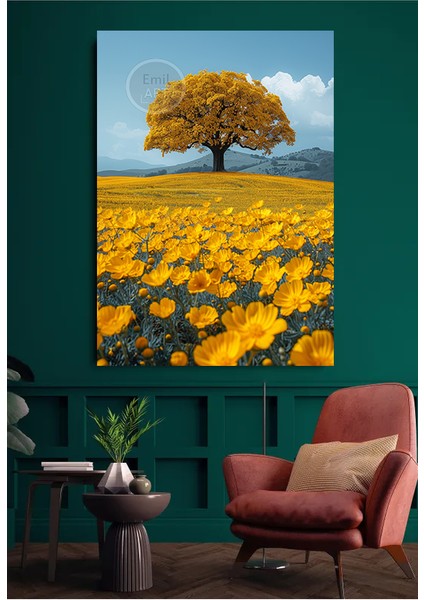 Sarı Ağaç Ve Doğa Manzaralı Özel Tasarım Kanvas Tablo Ev Ofis Cafe