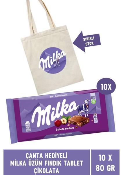 Çanta Hediyeli Milka Üzüm Fındık Tablet Çikolata 80 gr - 10 Adet