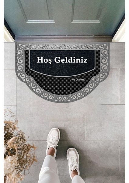 Yarım Ay Modeli Hoş Geldiniz Yazlı Kapı Önü Paspası Siyah Rengi Nem Alıcı Yıkanabilir fırsatları