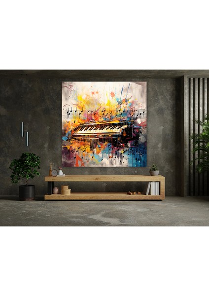 Modern Müzik Notaları Ve Piyano Renkli Dekoratif Kanvas Tablo