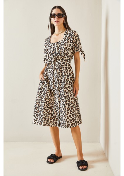 Bej Leopar Desenli Mini Elbise 5YXK6-48856-25