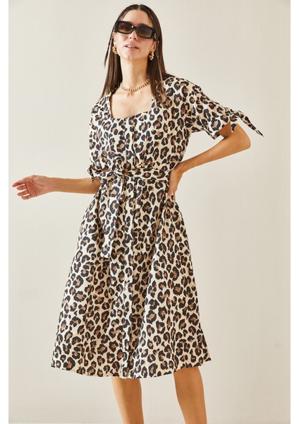 Bej Leopar Desenli Mini Elbise 5YXK6-48856-25
