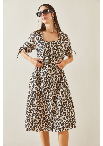Bej Leopar Desenli Mini Elbise 5YXK6-48856-25