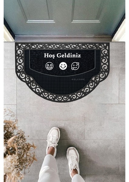 M&H Quality Yarım Ay Modeli Hoş Geldiniz Yazlı Gülen Emoj Desenli Kapı Önü Paspası Altın Rengi