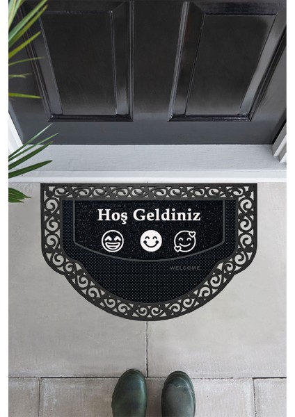 M&H Quality Yarım Ay Modeli Hoş Geldiniz Yazlı Gülen Emoj Desenli Kapı Önü Paspası Altın Rengi